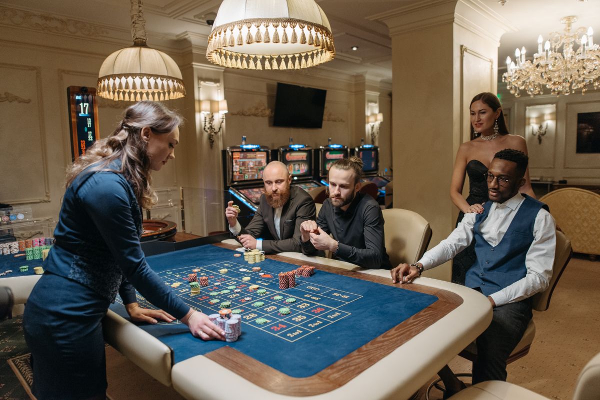 Roulette table with ball and betting chips